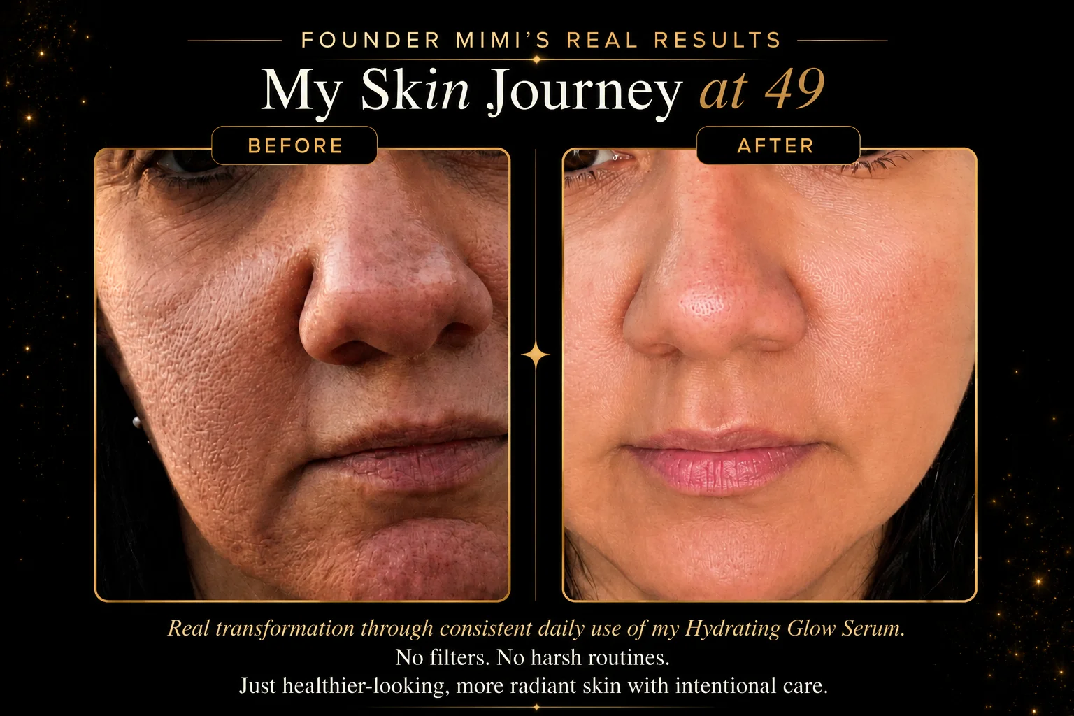 HER&MI founder Mimi before and after skincare results at age 49 using Hydrating Glow Serum for smoother, healthier-looking radiant skin