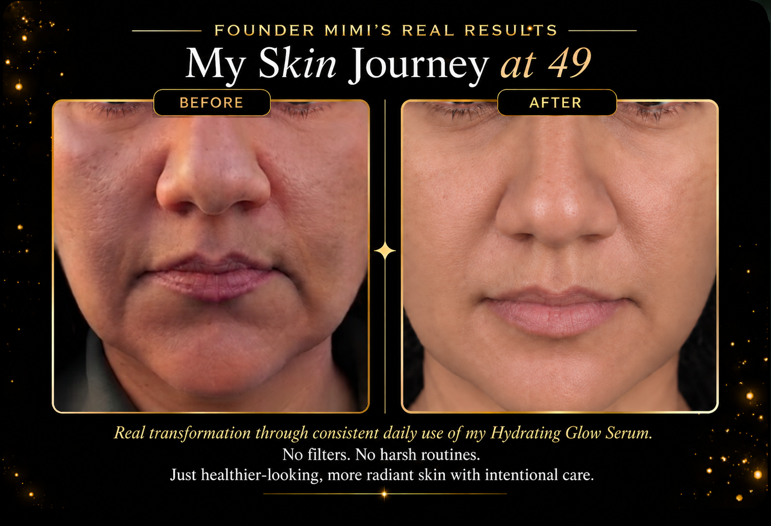 HER&MI founder Mimi before and after skincare results at age 49 using Hydrating Glow Serum for smoother, healthier-looking radiant skin